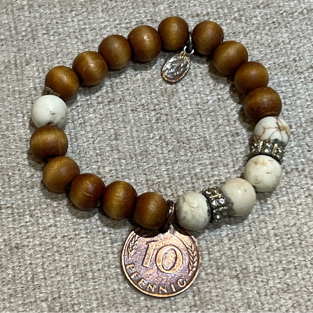 Wooden 1950 Pfennig Coin Stretch Stone Bracelet